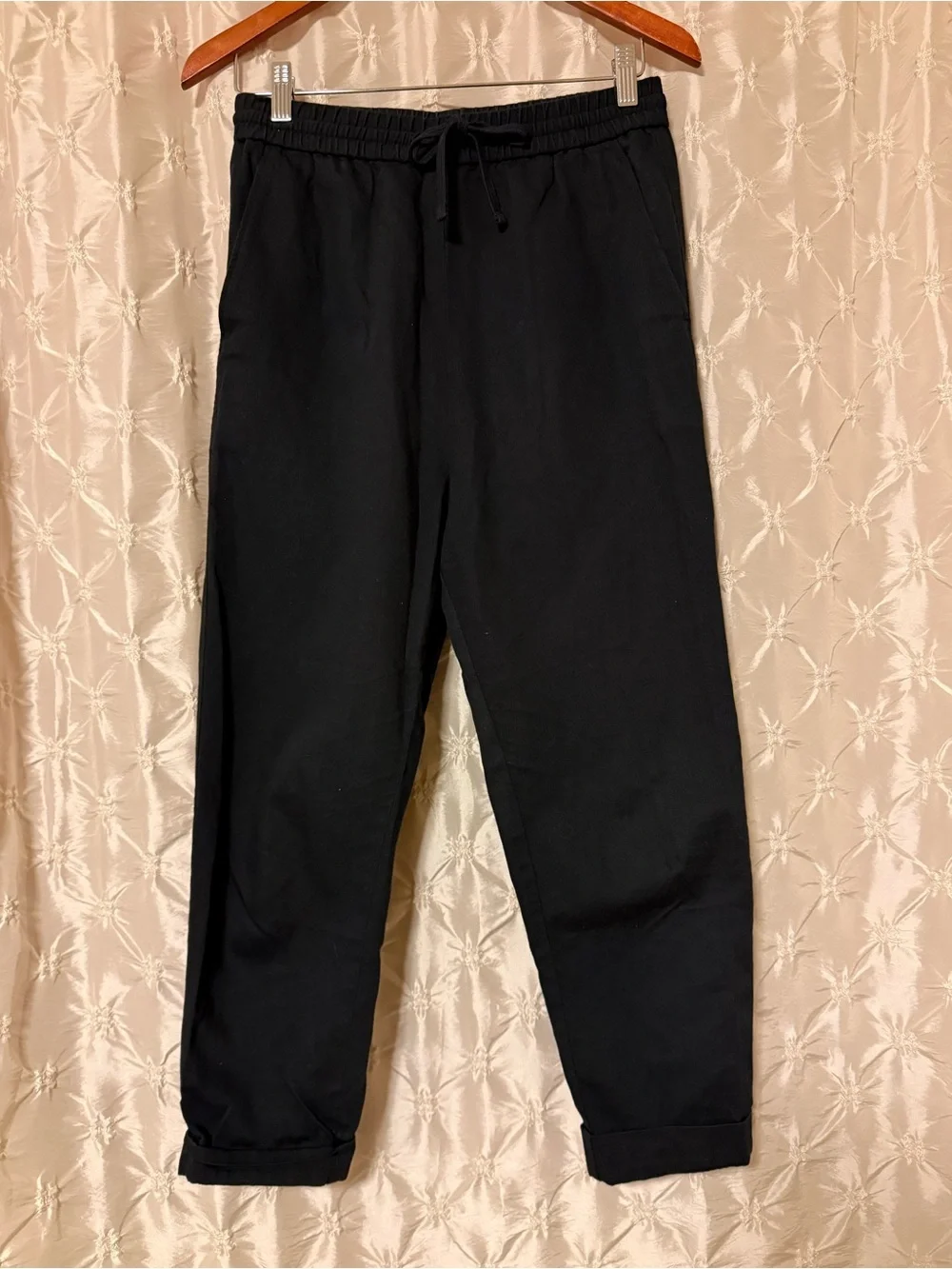COS Black Relaxed Elastic Waist Drawstring Tapered Trousers Pants Linen Blend